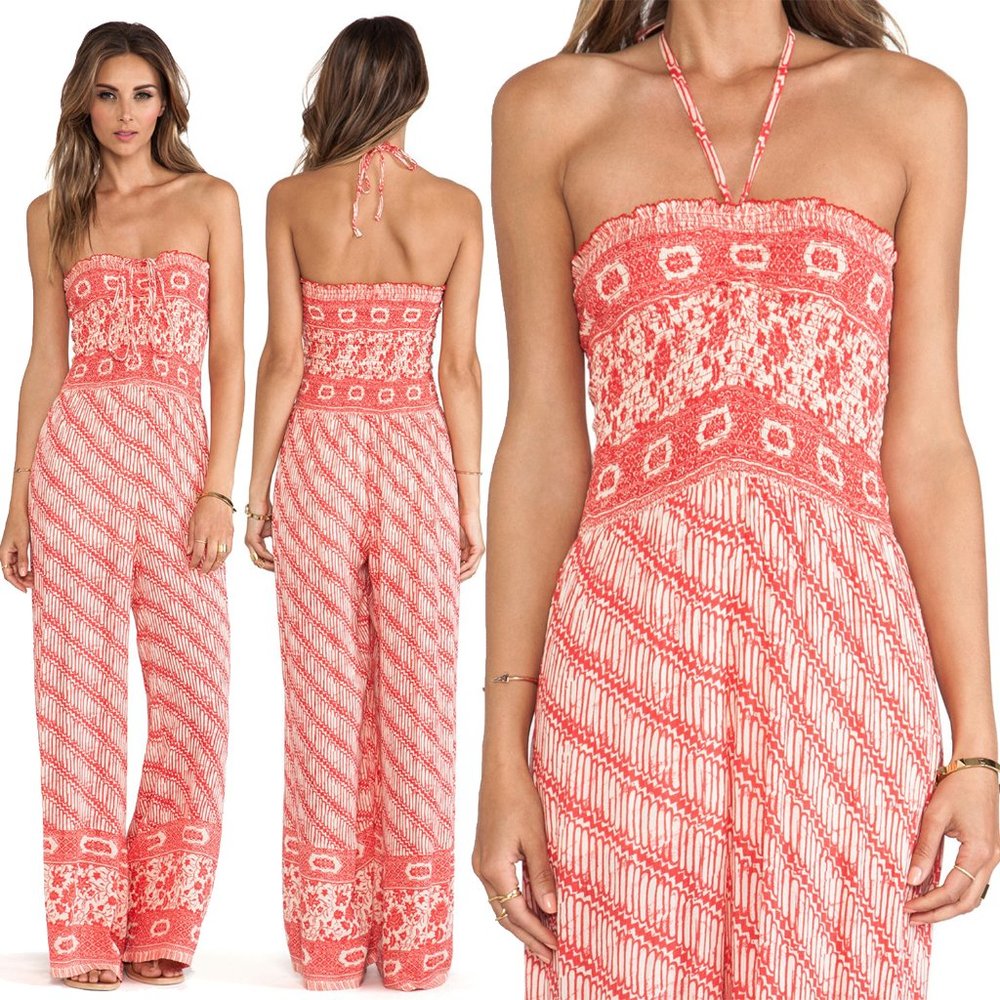 Free People Red Vintage Ruched Bohemian Jumpsuit S